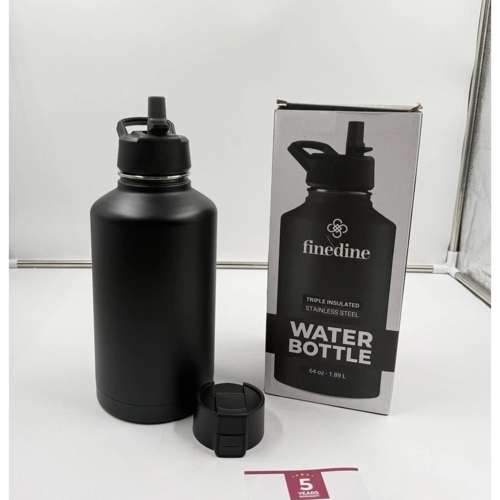 FineDine Triple Walled, Insulated Water Bottles with Straw - 64 Oz Stainless Ste
